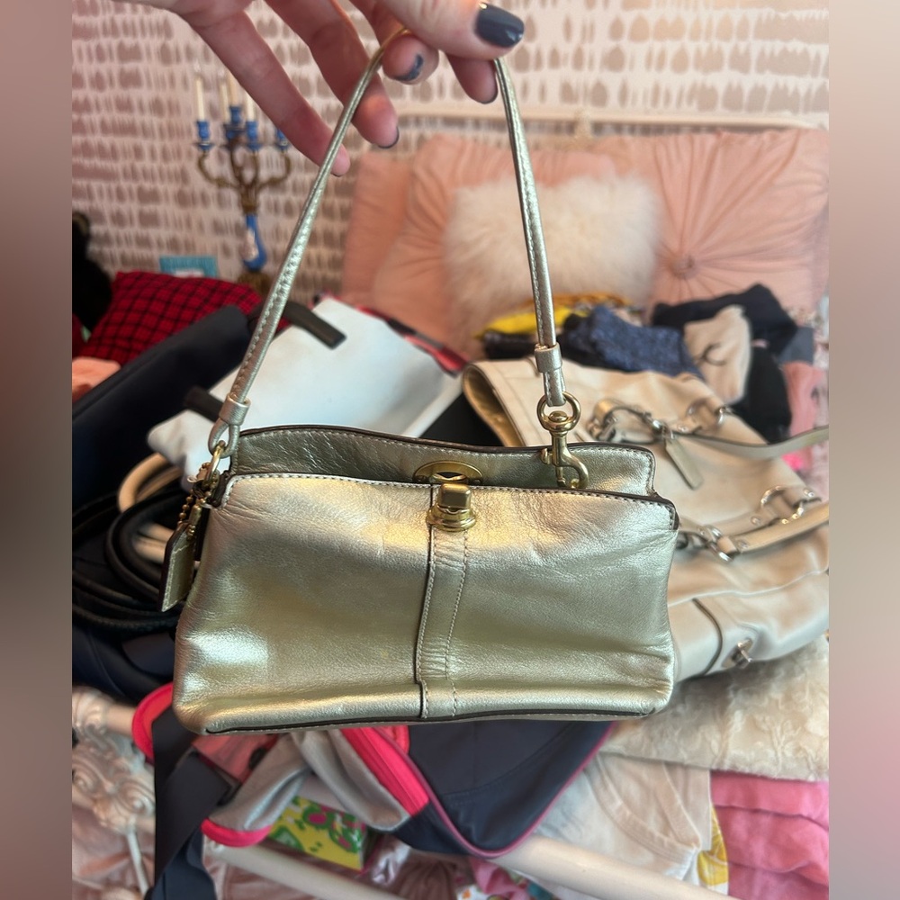 Metallic gold/silver coach mini purse